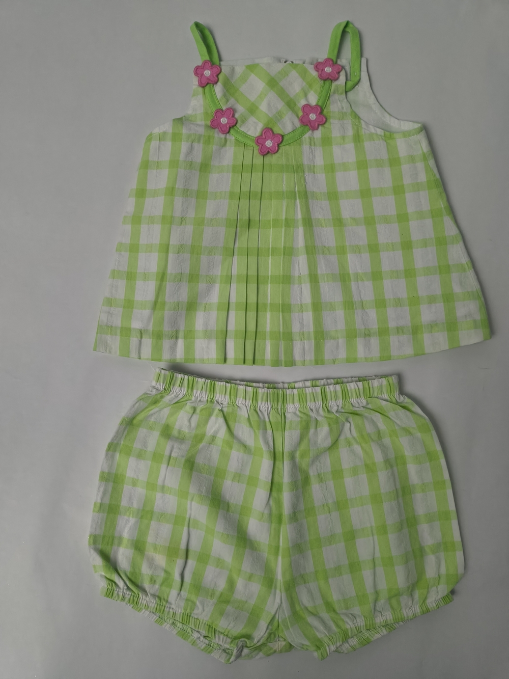 Girls' Green Check Two-Piece Summer Set with Pink Flower Accents